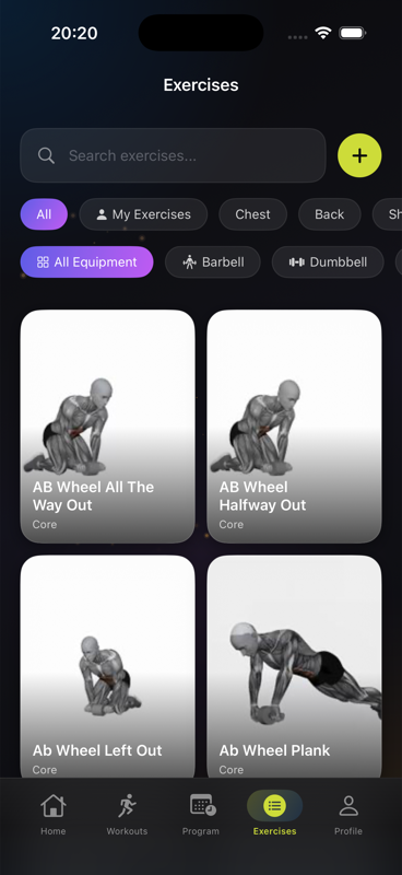 Exercise library screen with search and filter by muscle group and equipment